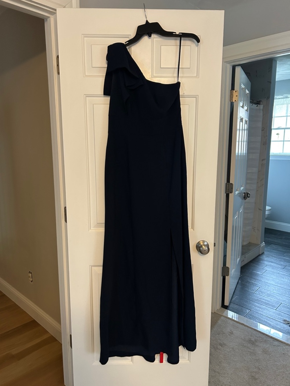 After Six Navy One-Shoulder Gown with Draped Shoulder Detail
